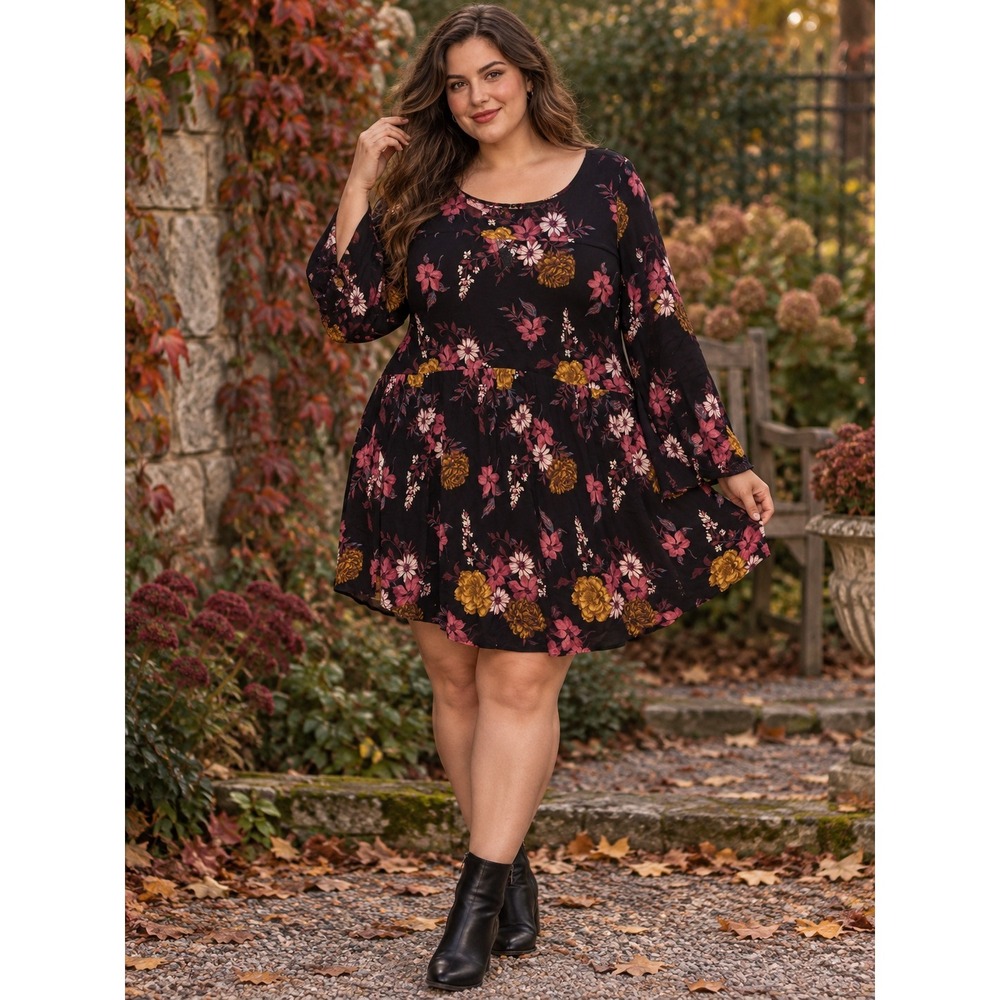 Torrid Floral Skater Mini Dress Womens 1 Black Rayon Bell Sleeve Cottagecore